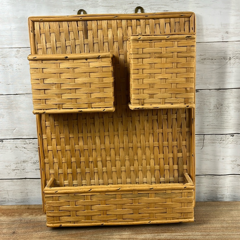 Vintage boho wicker rattan mail, bills, office hanging wall organizer